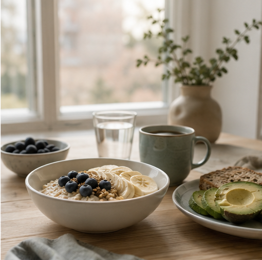 Ett dukat frukostbord med bröd, ägg och te i morgonljus