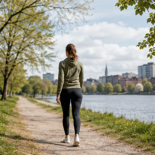 En person på en lugn morgonpromenad längs en trädkantad väg